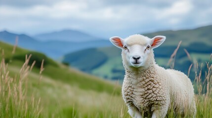 Obraz premium Adorable Sheep Grazing on Green Meadow with Mountains in Background : Generative AI