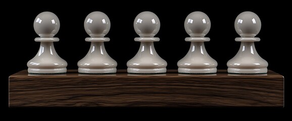 Five White Chess Pawns on Wooden Base