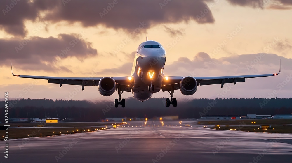 Poster airplane taking off dramatically at sunset with lights reflecting on a wet runway : generative ai