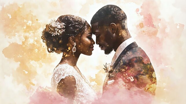 Beautiful wedding couple sharing a romantic moment, adorned with artistic watercolor effects, symbolizing love and unity.