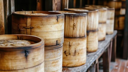 Fototapeta premium Traditional Bamboo Steamers on Wooden Shelf in Asian Market