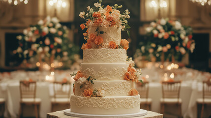 a four-tier wedding cake decorated with orange flowers in a formal setting.