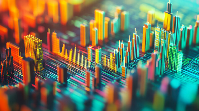 Colorful digital cityscape with data visualizations and financial graphs representing market trends in a futuristic setting