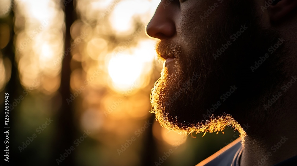 Poster Side portrait of a man with a beard illuminated by warm sunset light in a natural setting : Generative AI