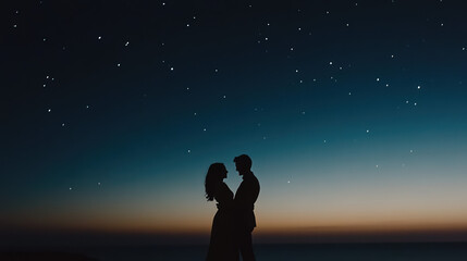 silhouette of a couple standing together under a starry sky.