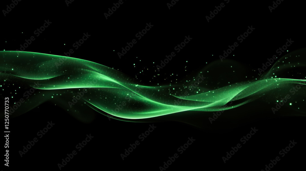 Poster elegant green waves with sparkling particles creating a mesmerizing visual effect on a dark backgrou