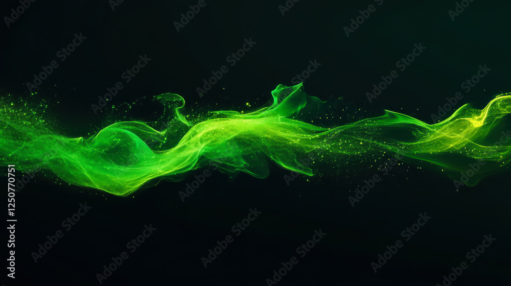 Poster elegant green waves with sparkling particles creating a mesmerizing visual effect on a dark backgrou