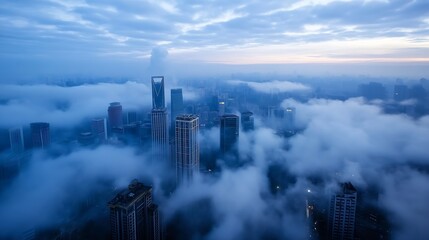 Fototapeta premium Stunning aerial view of a city skyline shrouded in mist and clouds during twilight showcasing urban beauty : Generative AI