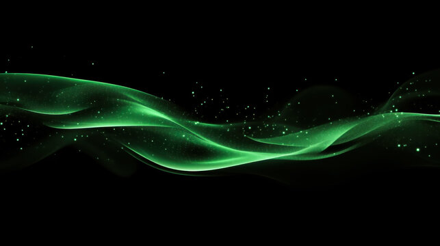 Elegant green waves with sparkling particles creating a mesmerizing visual effect on a dark background