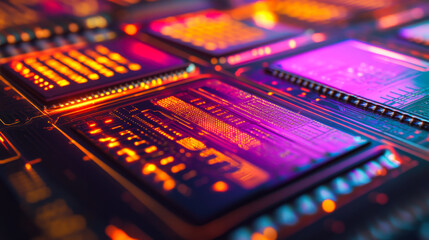 Colorful electronic circuit board with glowing components and intricate design in a dark setting