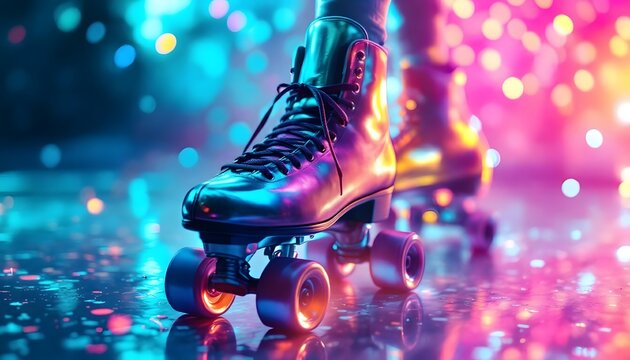 Roller Skates Rolling on Shiny Floor with Neon Lights Background