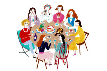 手描きイラスト　テーブルを囲んでおしゃべりする女性たち