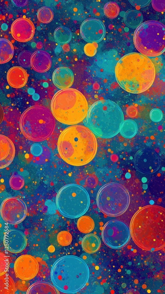 Poster Vibrant abstract bubbles with iridescent colors on deep cosmic background