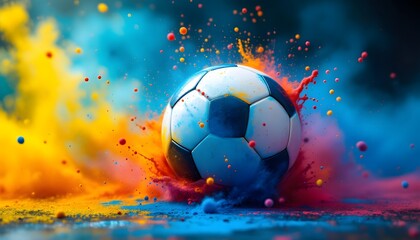 Fototapeta premium Soccer Ball Impact with Splashes of Vibrant Color Background for Sports