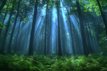 Obraz premium Sunbeams pierce misty forest illuminating ferns