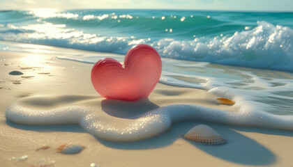 Fototapeta premium A heart stands on the warm sand, it is lightly enveloped by an approaching wave. An atmosphere of romance.