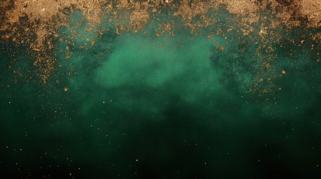 Emerald green background with sparkling gold dust and elegant luxury texture