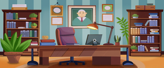  Background interior design principals office school with desk ,chairs, bookcase ,cartoon style 