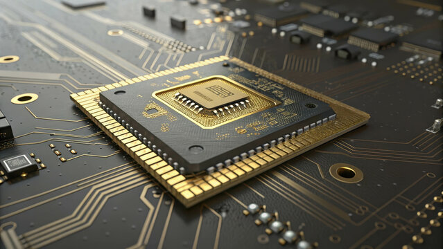 A close-up of a microprocessor with intricate gold circuitry on the surface of a silicon chip. Detailed macro photography.