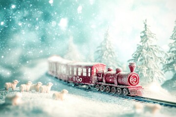 Vintage Train in Winter Wonderland with Snow and Frosted Trees