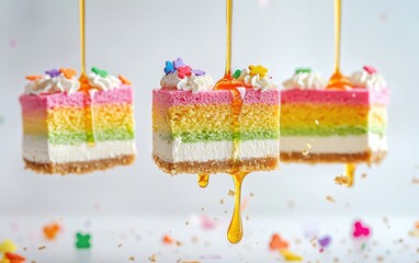 Flying rainbow-layered cheesecake with golden syrup drizzles for Saint Patricks Day, on a soft white background