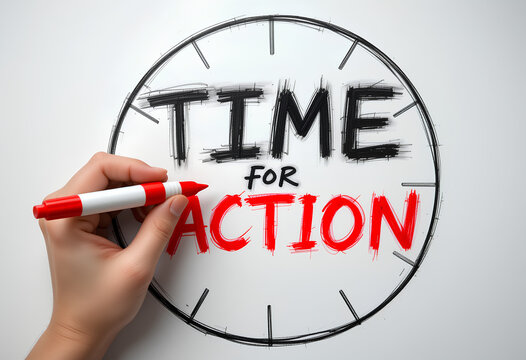 Time for action clock with hand writing in bold red letters &ndash; proactive motivation and urgency