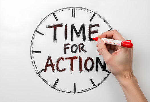 Time for action clock with hand writing in bold red letters &ndash; proactive motivation and urgency