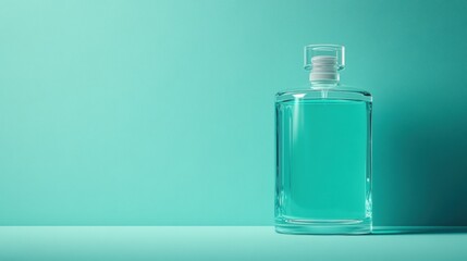 Clear Glass Bottle with Aqua Liquid on a Turquoise Background