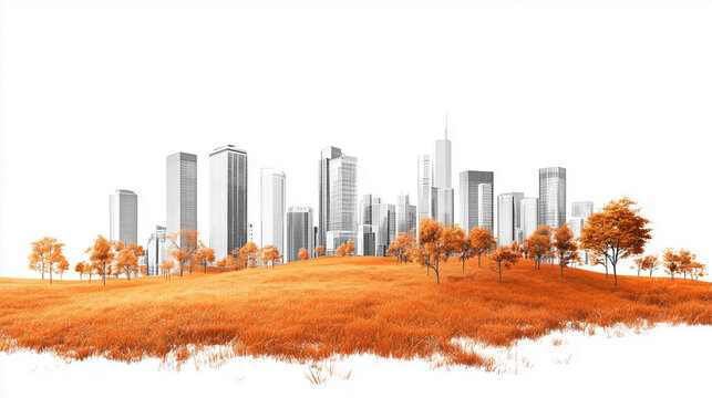 Vivid autumn park landscape with orange grassy field, scattered trees, and modern skyscrapers on a white background. Urban skyline blending with nature, featuring an open meadow, office buildings in t