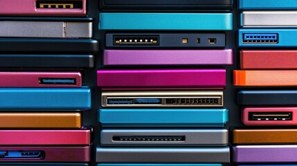 Colorful Collection of External Hard Drives Stacked Neatly Together