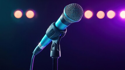 Obraz premium Microphone On Stage With Purple Stage Lighting