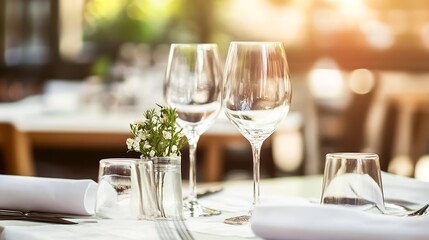 Elegant restaurant dining setup featuring wine glasses and floral decor : Generative AI