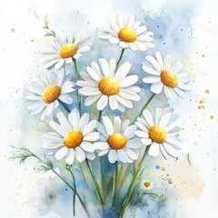 Obraz premium Charming White Watercolor Daisies Blooming in a Soft Background â€“ A Bouquet of Joy for Spring and Summer