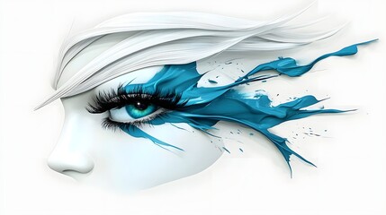 Captivating mascara laced eye with vibrant teal and white beauty closeup and premium 3D art  Dramatic emotive and visually striking digital artwork