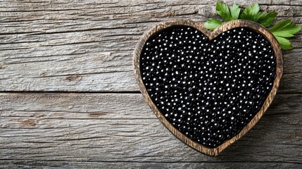 Fototapeta premium Black Caviar in Heart-Shaped Wooden Bowl on Rustic Wood Background