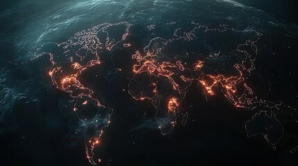 Illuminated World Map Overlay with Bright Network Connections