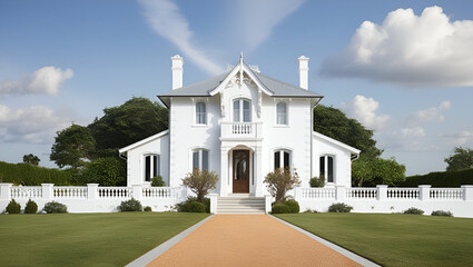 a  beautiful white house with blue sky isolotad on the whit background