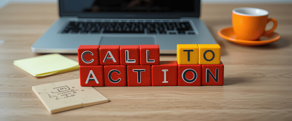 Call to Action: Wooden Blocks Spelling Emergency Action Plan in a Professional Workspace with Laptop and Coffee