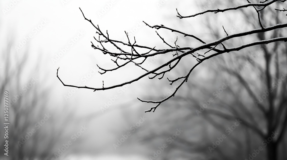 Poster skeletal branches against a misty backdrop capturing the stark beauty of winter and the stillness of