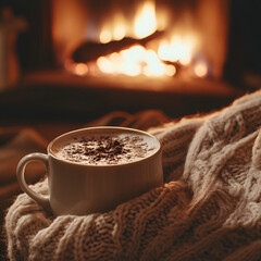Cozy Winter Evening: A steaming mug of hot cocoa adorned with chocolate shavings, nestled in a cozy knit sweater,  with a roaring fireplace in the background.