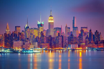 Naklejka premium Manhattan skyline at dusk with vibrant city lights reflecting on water