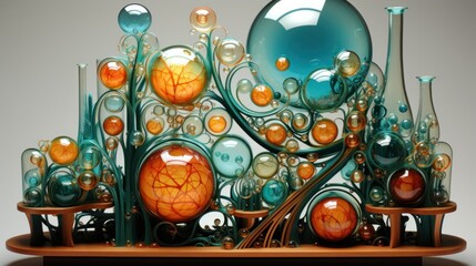 Enchanted Glass Ecosystem: A whimsical glass sculpture featuring intricate designs and vibrant colors, showcasing a unique blend of artistry and scientific inspiration.