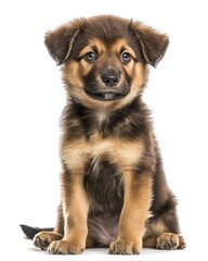 Fototapeta premium Three Months Old Fluffy Brown Chow-Chow Puppy Sitting and Looking, Isolated on White Background