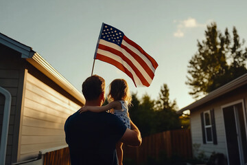 A touching image of a father holding his daughter with their backs turned, American flag in hand, symbolizing family and patriotism, perfect for themes of unity and national holidays.