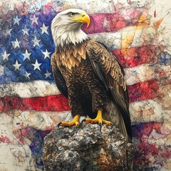 Naklejka premium Majestic Bald Eagle Perched on Rock Against American Flag Background