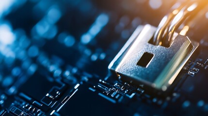 Closeup of a metallic padlock on a circuit board symbolizing cybersecurity and data protection concepts : Generative AI