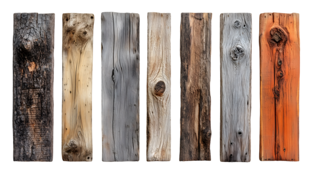 Weathered wooden planks with unique textures and natural colors, ranging from charred black to warm orange tones.