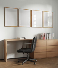 frame pictures mockup, wood poster four in wall home work desk, element interior 3d render