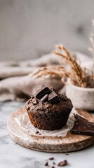Decadent chocolate muffin with rustic decor for autumn dessert inspiration