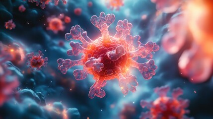 Obraz premium Colorful, digitally rendered microscopic view of viruses and DNA strands,